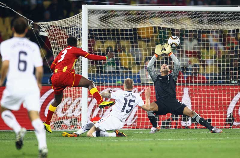 Asamoah Gyan scores Ghana's second goal against USA.